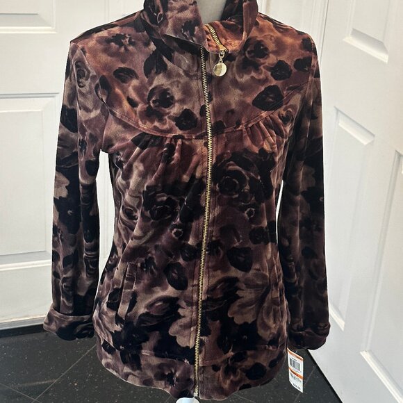 NWT! Style & Co Sport Womens Chocolate Brown Floral Full Zip Velour Jacket Small - Picture 2 of 13